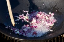 Na rozpáleném oleji v pánvi necháme zesklovatět cibuli a prolisovaný česnek.